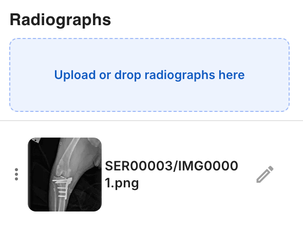 Radiographs panel with an upload-or-drop zone and an uploaded X-ray thumbnail